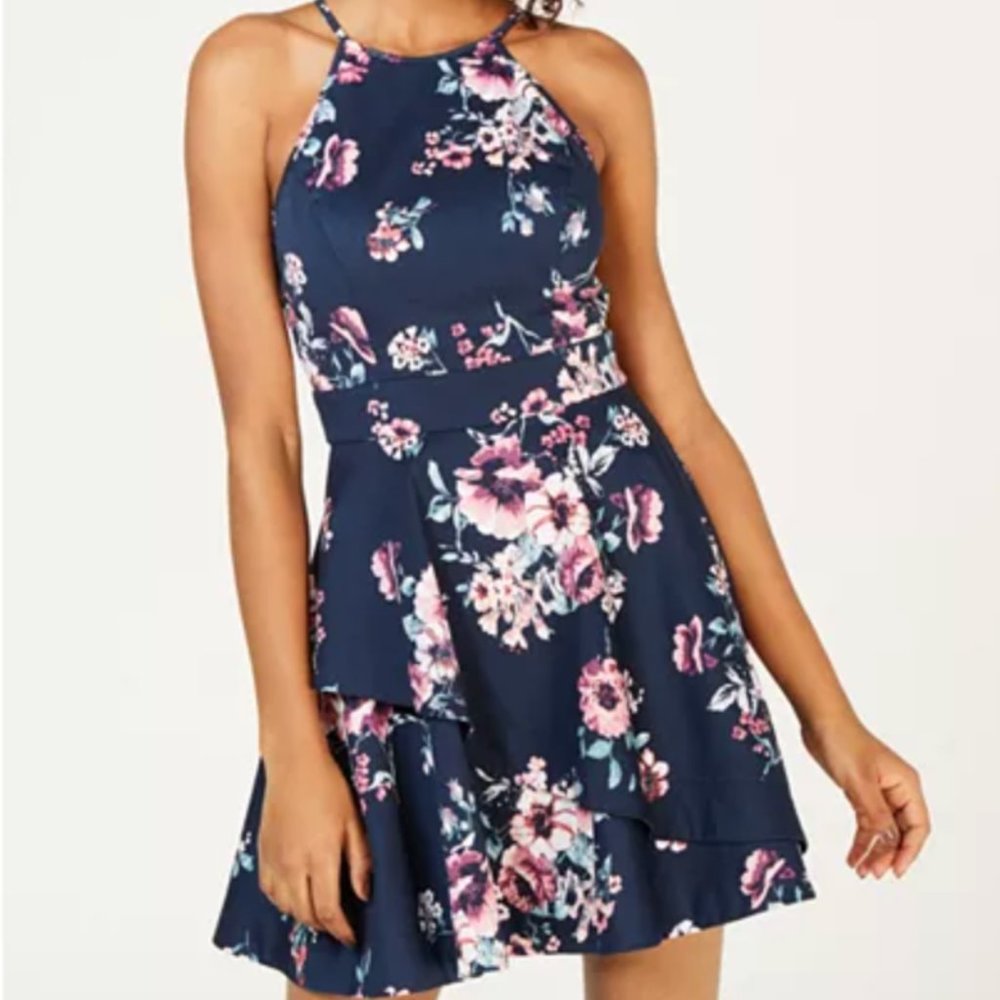 Juniors' Printed Crisscross Skater Dress